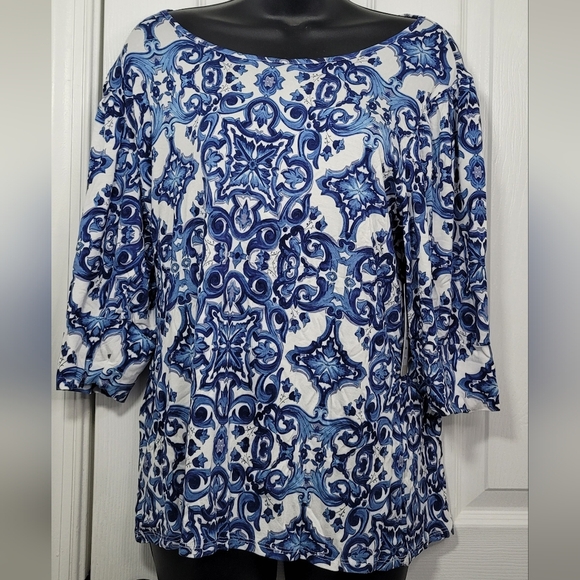 Sunny Leigh Women's Blue Patterned Top Puff Sleeves - Picture 7 of 8